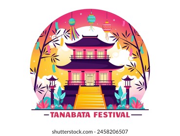 Tanabata Japan Festival Vector Illustration with People Wearing Kimono and Peonies Flowers in National Holiday Flat Cute Cartoon Background
