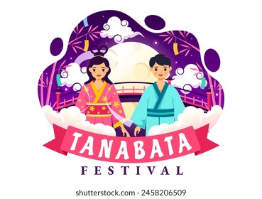 Tanabata Japan Festival Vector Illustration with People Wearing Kimono and Peonies Flowers in National Holiday Flat Cute Cartoon Background
