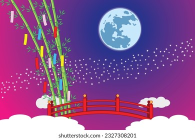 Tanabata Japanese festival or Qixi Festival in Chinese with Milky way which separated couple of lover drawing in colorful cartoon vector