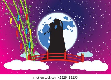 Tanabata Japanese festival or Qixi Festival in Chinese with Milky way and the bridge which couple of lover make appointment drawing in colorful cartoon vector