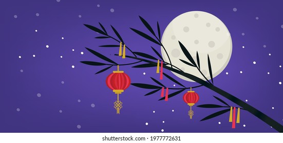 Tanabata Japanese traditional festival background banner. Bamboo decorated with paper lanterns. Vector illustration
