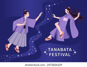 Tanabata or Qixi Festival horizontal banner. Lovers reunion in starry sky. Chinese and Japanese love story background. People Wearing Kimono. Vector flat illustration.