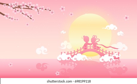 Tanabata or Qixi festival(Chinese Valentine's day) Vector illustration, Celebrates the annual meeting of the cowherd and weaver girl on seventh day of the 7th month.