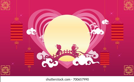 Tanabata or Qixi festival(Chinese Valentine's day) Vector illustration, Celebrates the annual meeting of the cowherd and weaver girl on seventh day of the 7th month.