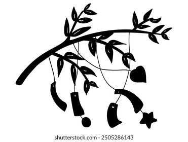 Tanabata star festival bamboo branch traditional japanese decoration with hanging tanzaku paper strips silhouette vector illustration. Isolated on white background
