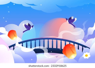 Tanabata Valentine Day Cowherd and Weaver Girl Magpie Bridge Meeting Love Characters Ilustración