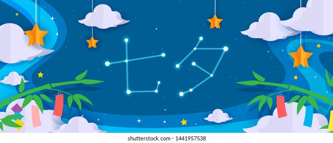 Tanabata (writing in Japanese) banner vector illustration. Paper art of bamboo tree with milky way. Qixi festival