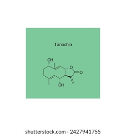 Tanachin skeletal structure diagram.Sesquiterpene compound molecule scientific illustration on green background.
