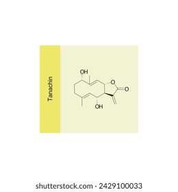 Tanachin skeletal structure diagram.Sesquiterpene compound molecule scientific illustration on yellow background.
