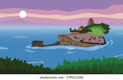 Tanah Lot Bali Sunset View. Flat EPS 10 Vector. Consist of Island, Bushes, Temple, House, Sea, and Sunset Sky