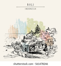 Tanah Lot Balinese Hindu temple in Bali, Indonesia, Asia. Hand drawing. Travel sketch. Book illustration, postcard or poster template in vector