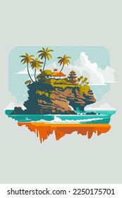 tanah Lot hindu temple, Bali tropical sea island poster flat color vector illustration