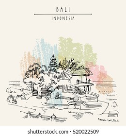 Tanah Lot, Balinese Hindu temple in Bali, Indonesia, Asia. Hand drawing. Travel sketch. Book illustration, postcard or poster in vector
