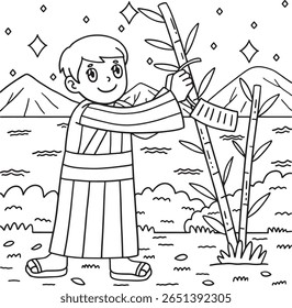 Tanbata Boy Tying a Wish on Bamboo Coloring Page 