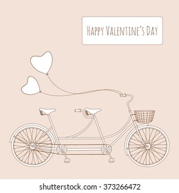 Tandem bicycle with hearts balloons. Valentine's day greeting card. Vector illustration
