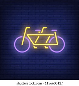 Tandem bicycle neon sign. Bicycling, fitness and sport concept. Advertisement design. Night bright colorful billboard, light banner. Vector illustration in neon style.