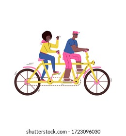 Tandem bicycle riders cartoon characters, sketch vector illustration isolated.