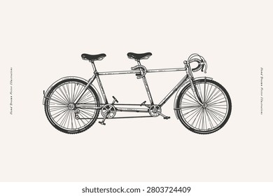 Tandem bicycle, two-seater bicycle on a light background. Retro bicycle with two seats in engraving style. A vehicle for walking, sports and tourism.