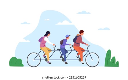 Tandem Bike. Family Teamwork On Bicycle, Team Sport World Cycling Tourism, Couple With Child Or Friends On Double Cycle, Leadership Collective Transportation Vector Illustration