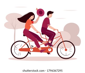 Tandem bike with happy couple. Smiling guy and girl enjoying cycling. Riding bicycle in the park. Walking, sports, traveling. Young woman waving hat. Active lifestyle. Isolated vector illustration