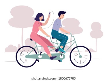 Tandem bike with happy couple. Smiling guy and girl enjoying cycling. Riding bicycle in the park. Walking, sports, traveling. Young woman listens to music. Active lifestyle. Vector illustration