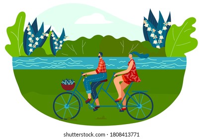 Tandem bike ride vector illustration. Cartoon flat happy couple people riding tandem bicycle together, young hipster characters carrying flowers, healthy outdoor activity concept isolated on white