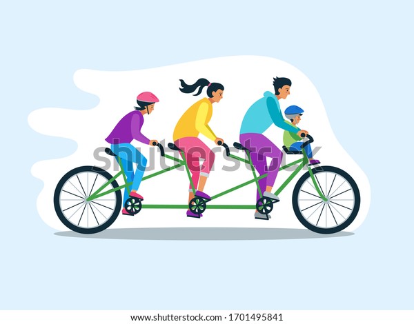 Tandem family,\
bike, together, flat vector. Time together. Dad, mom, brother,\
sister ride a tandem, a bicycle.\
