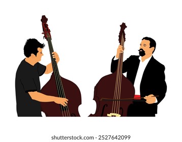 Hombre del tándem que juega la Ilustración vectorial del dueto del contrabajo aislada. Músicos con dúo de contrabajo en un evento de concierto. Entretenimiento de diversión para intérpretes de contrabajo. Músico clásico con instrumento de cuerda.