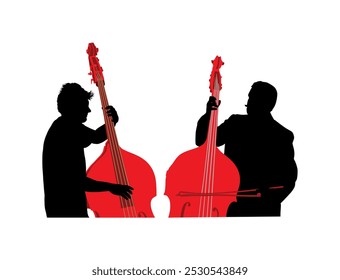 Tándem hombre jugando contrabajo dúo Vector silueta ilustración aislada. Music men contra bass duo forma de concierto. Entretenimiento de diversión para intérpretes de contrabajo. Instrumento de cuerda de músico clásico.