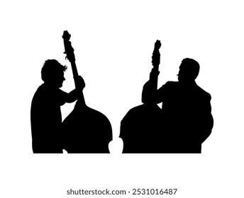 Tándem hombre jugando contrabajo dúo Vector silueta ilustración aislada. Music men contra bass duo forma de concierto. Entretenimiento de diversión para intérpretes de contrabajo. Instrumento de cuerda de músico clásico.