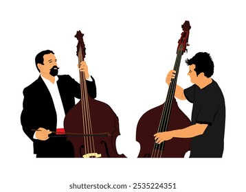 Hombre del tándem que juega la Ilustración vectorial del dueto del contrabajo aislada. Músicos con dúo de contrabajo en un evento de concierto. Entretenimiento de diversión para intérpretes de contrabajo. Músico clásico con instrumento de cuerda.