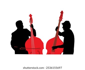 Tandem man playing contrabass duet vector silhouette illustration isolated. Music men contra bass duo concert shape. Double bass performer amusement entertainment. Classic musician string instrument.