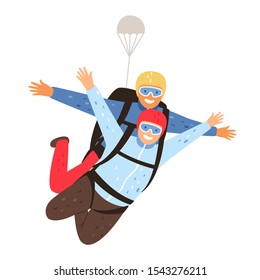 Tandem parachute jump. Parachuting with instructor and excited skydiver, professional skydiving training cartoon vector illustration