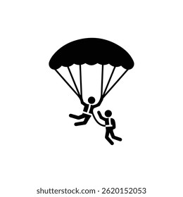 Tandem skydivers in freefall holding harness black icon, representing skydiving adventure