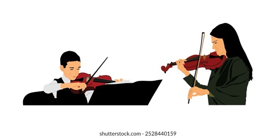 Dueto de violino de mulher e menino em tandem tocando ilustração vetorial isolado. Aula de música professora de aula de música senhora e duo de meninos performer concerto. Músico artista diversão público. Violinista virtuoso violinista menina.