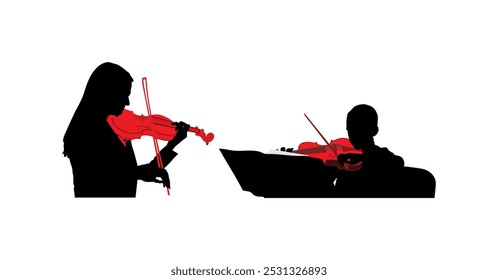 Dúo del violín de la mujer y del muchacho del tándem que juega la Ilustración vectorial de la silueta aislada. Clase de música de la lección de la maestra de la dama y el niño dúo intérprete concierto. Músico artista chica violín virtuoso forma de violinista.