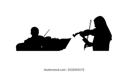 Dueto de violino feminino e menino em tandem tocando silhueta vetor ilustração isolado. Aula de música professora de aula de música senhora e duo de meninos performer concerto. Artista musical menina violino virtuoso violinista forma.