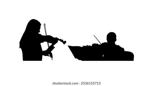 Tandem woman and boy violin duet playing silhouette vector illustration isolated. Class music lesson teacher lady and boy duo performer concert. Musician artist girl violin virtuoso violinist shape.