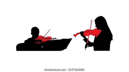 Tandem woman and boy violin duet playing silhouette vector illustration isolated. Class music lesson teacher lady and boy duo performer concert. Musician artist girl violin virtuoso violinist shape.