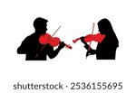 Tandem woman and man duet playing violin vector silhouette illustration isolated. Classic music couple lady and boy duo performer concert. Musician artist. Girl violin virtuoso violinist entertainment