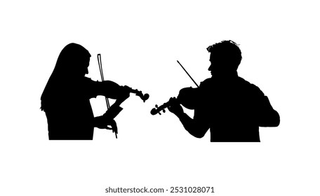 Tandem woman and man duet playing violin vector silhouette illustration isolated. Classic music couple lady and boy duo performer concert. Musician artist. Girl violin virtuoso violinist entertainment