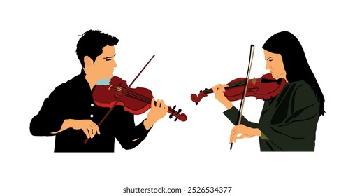 Mulher tandem e homem dueto violino tocando ilustração vetorial isolado. Música clássica - concerto de artista de dupla de meninos e mulheres. Músico artista diversão público. Menina violino virtuoso entretenimento violinista.