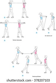 Tandem workout. Partner workout illustration set. Girl partner workout vector. Tandem workout set. Partner workout for two persons. Resistance band workout set. Resistance band partner fitness.