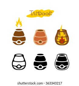 Tandoor illustration. Black monochrome and color logo style icons. With inner and outer fire flames.