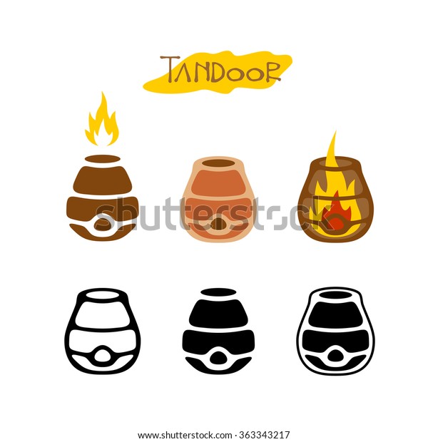 Tandoor illustration. Black\
monochrome and color logo style icons. With inner and outer fire\
flames.