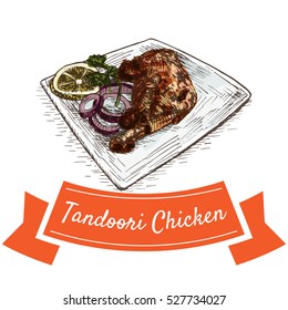 Tandoori Chicken colorful illustration. Vector illustration of Indian cuisine.