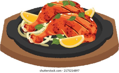 El pollo tandoori es un plato de pollo empapado en yogur y varias especias y horneado en un horno cilíndrico de arcilla llamado "tandoor".