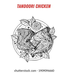 Tandoori chicken, Indian food. Hand drawn vector illustration. Sketch style. Top view. Vintage vector illustration.