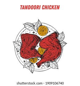 Tandoori chicken, Indian food. Hand drawn vector illustration. Sketch style. Top view. Vintage vector illustration.