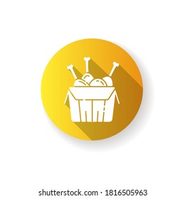 Tandoori chicken yellow flat design long shadow glyph icon. Fast food meat in box. Grill poultry meat. Hen leg and wings. Traditional culinary. Junk food delivery. Silhouette RGB color illustration